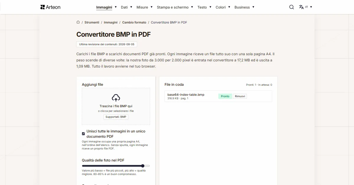 Screenshot dello strumento gratuito Arteon: Convertitore BMP in PDF