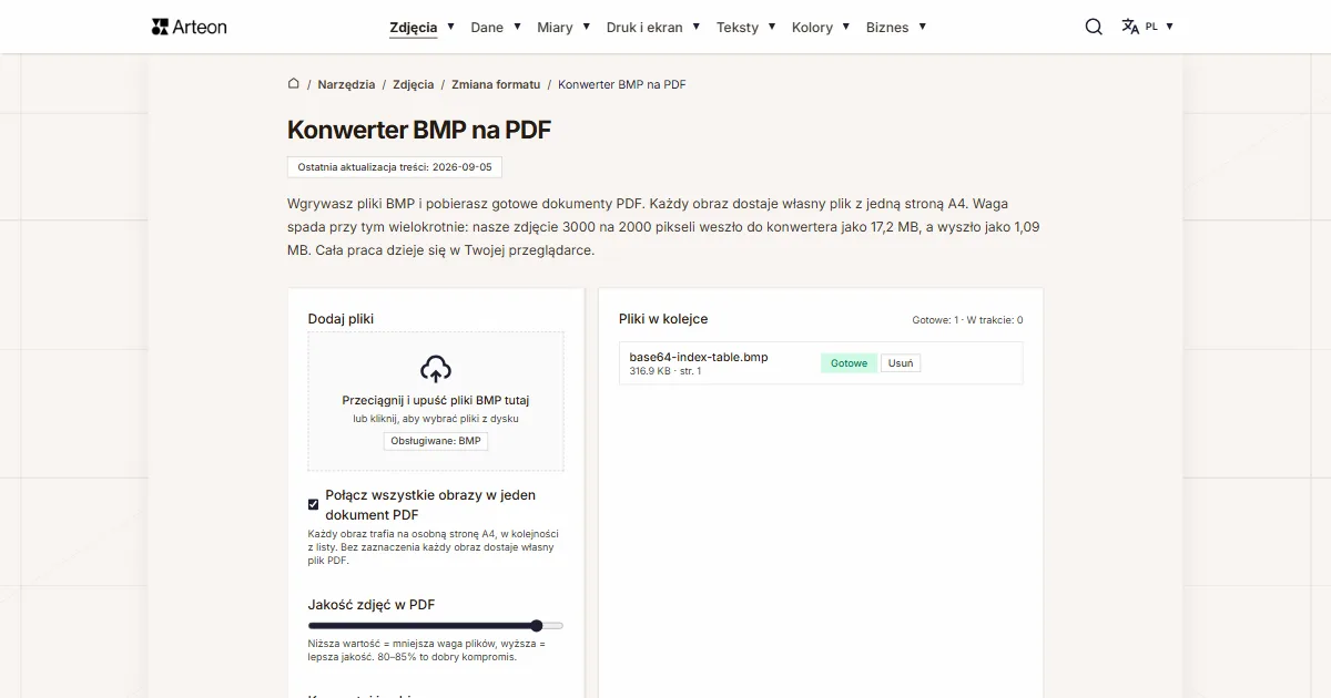 Zrzut ekranu darmowego narzędzia Arteon: Konwerter BMP na PDF