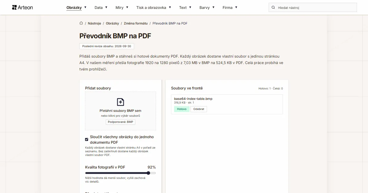 Snímek obrazovky bezplatného nástroje Arteon: Převodník BMP na PDF