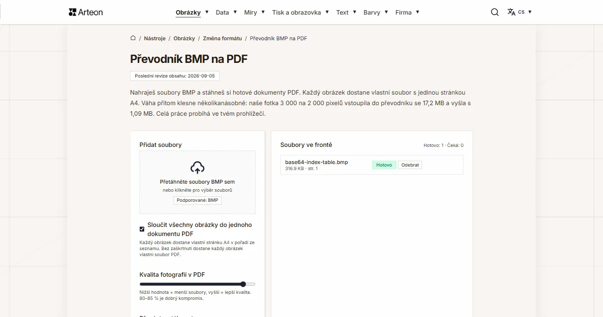Snímek obrazovky bezplatného nástroje Arteon: Převodník BMP na PDF