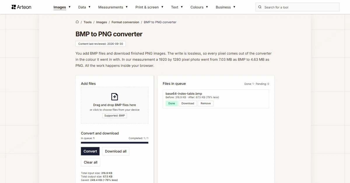 Arteon free tool screenshot: BMP to PNG converter