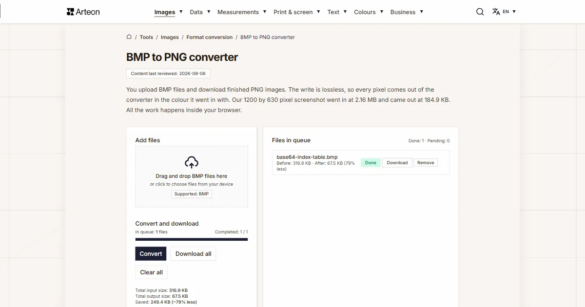 Arteon free tool screenshot: BMP to PNG converter