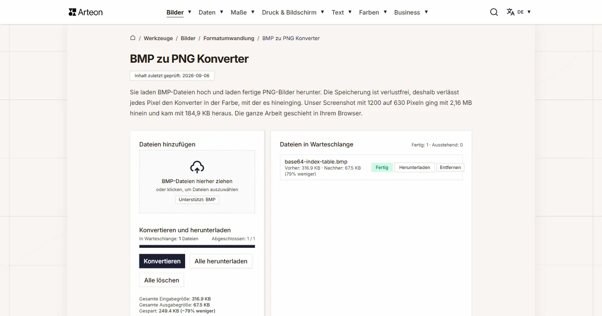 Screenshot des kostenlosen Arteon-Werkzeugs: BMP zu PNG Konverter