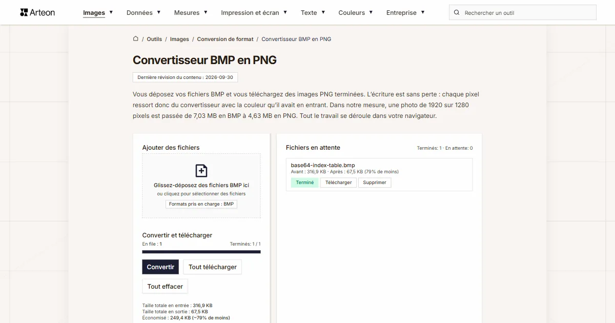 Capture d'écran de l'outil gratuit d'Arteon: Convertisseur BMP en PNG