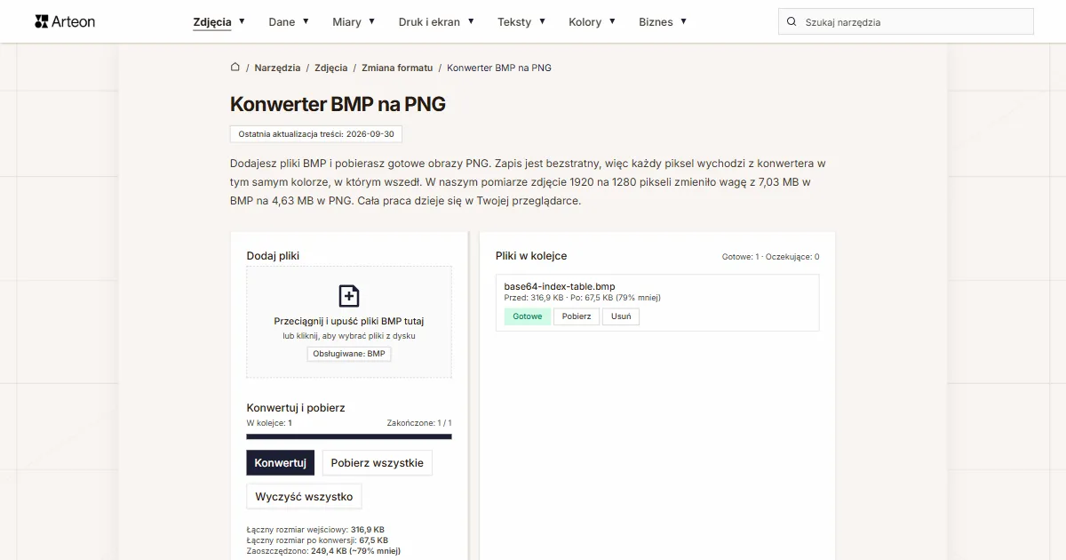 Zrzut ekranu darmowego narzędzia Arteon: Konwerter BMP na PNG