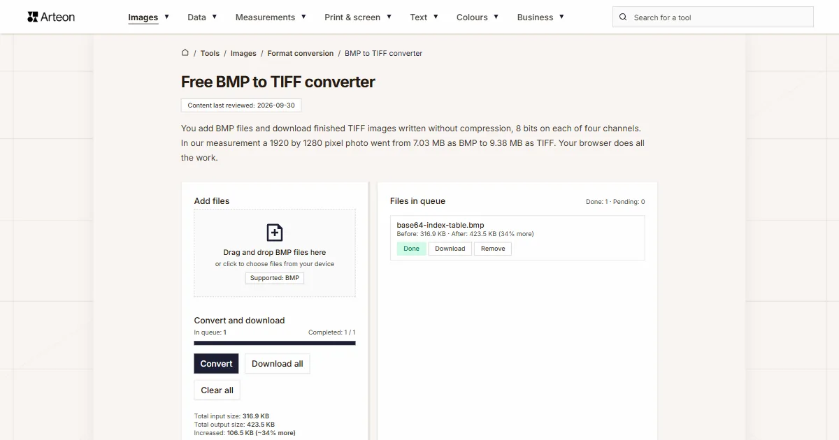 Arteon free tool screenshot: Free BMP to TIFF converter