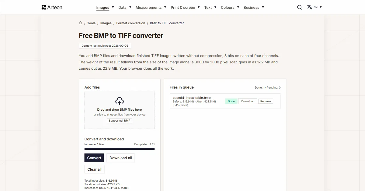 Arteon free tool screenshot: Free BMP to TIFF converter