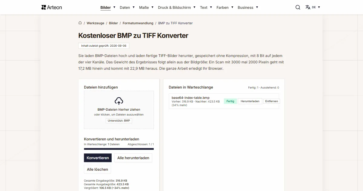 Screenshot des kostenlosen Arteon-Werkzeugs: Kostenloser BMP zu TIFF Konverter