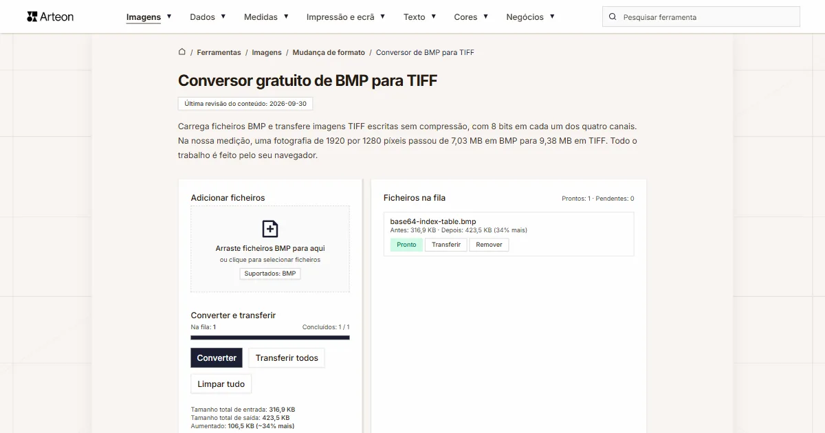 Captura de ecrã da ferramenta gratuita da Arteon: Conversor gratuito de BMP para TIFF