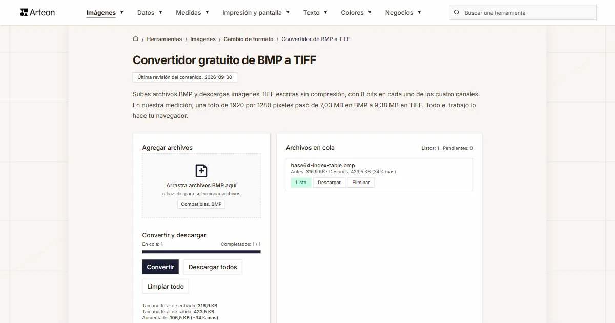 Captura de pantalla de la herramienta gratuita de Arteon: Convertidor gratuito de BMP a TIFF