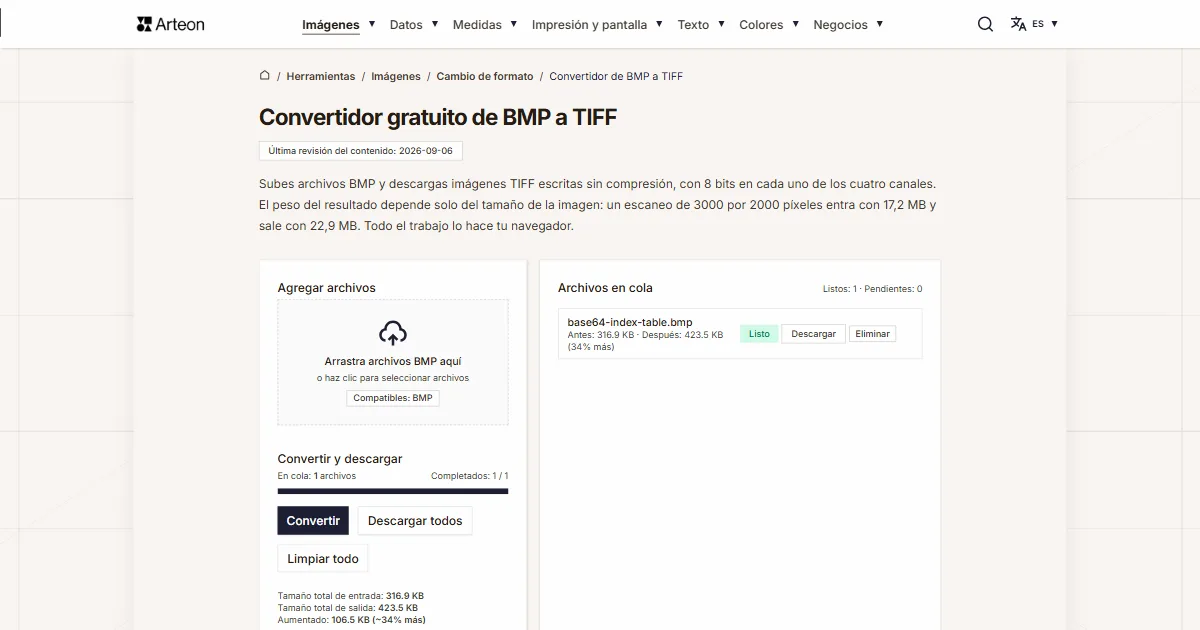 Captura de pantalla de la herramienta gratuita de Arteon: Convertidor gratuito de BMP a TIFF