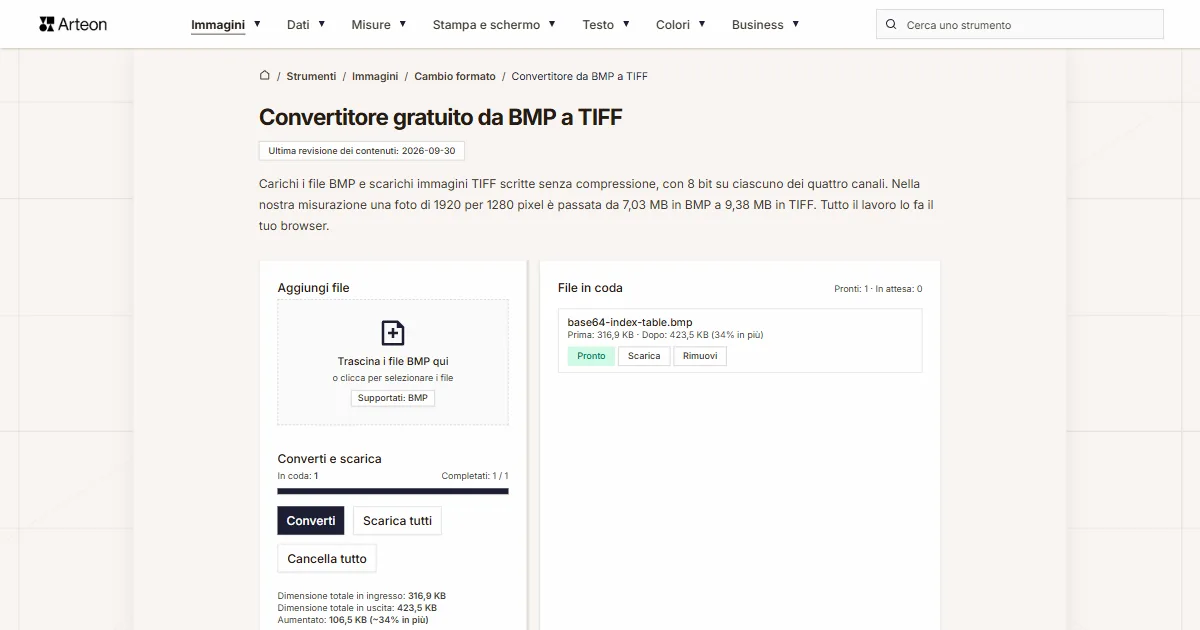 Screenshot dello strumento gratuito Arteon: Convertitore gratuito da BMP a TIFF