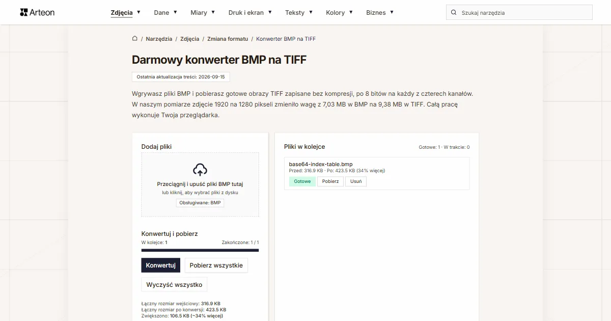 Zrzut ekranu darmowego narzędzia Arteon: Darmowy konwerter BMP na TIFF