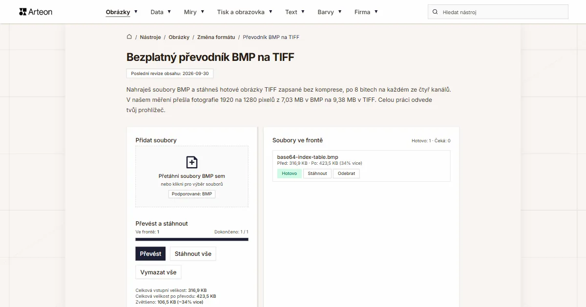 Snímek obrazovky bezplatného nástroje Arteon: Bezplatný převodník BMP na TIFF