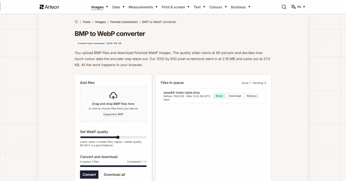 Arteon free tool screenshot: BMP to WebP converter