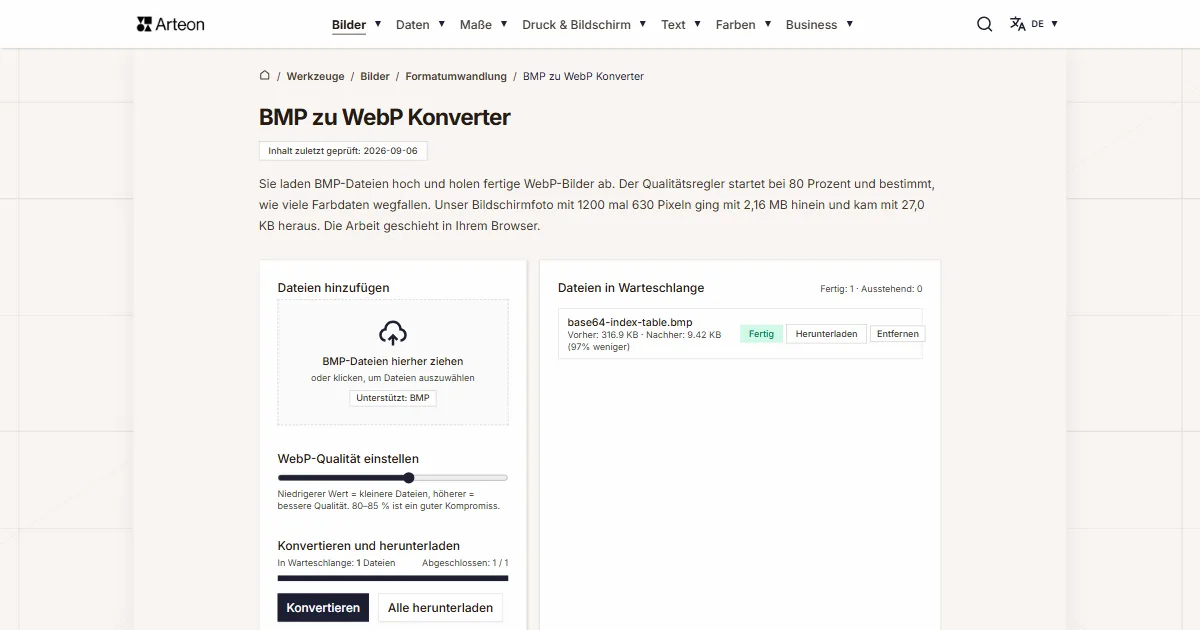 Screenshot des kostenlosen Arteon-Werkzeugs: BMP zu WebP Konverter