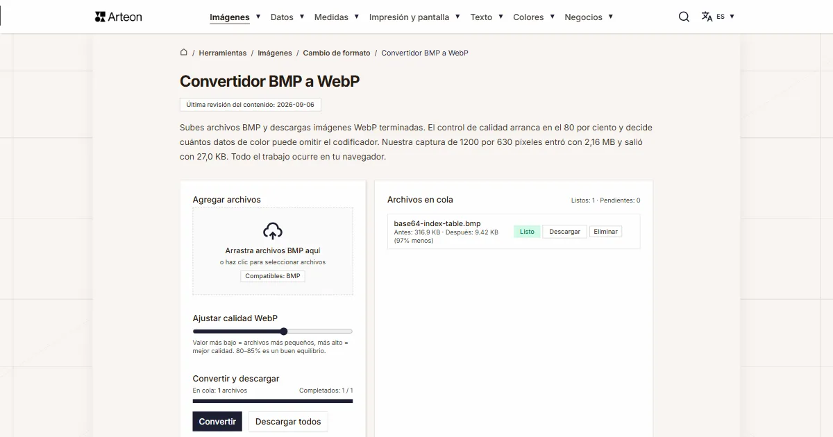 Captura de pantalla de la herramienta gratuita de Arteon: Convertidor BMP a WebP