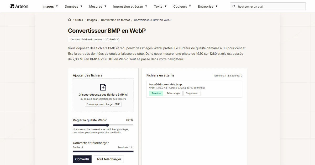 Capture d'écran de l'outil gratuit d'Arteon: Convertisseur BMP en WebP