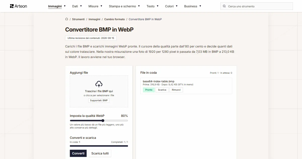Screenshot dello strumento gratuito Arteon: Convertitore BMP in WebP