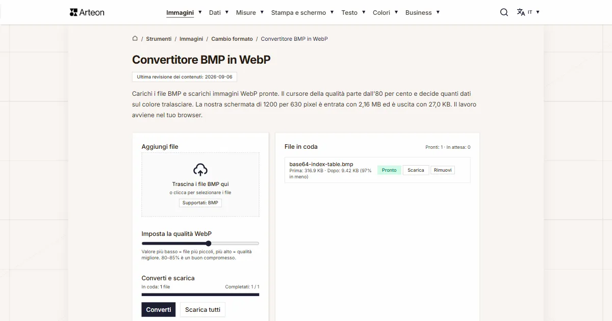 Screenshot dello strumento gratuito Arteon: Convertitore BMP in WebP