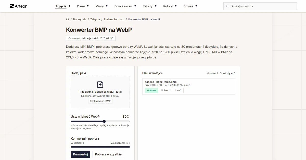Zrzut ekranu darmowego narzędzia Arteon: Konwerter BMP na WebP