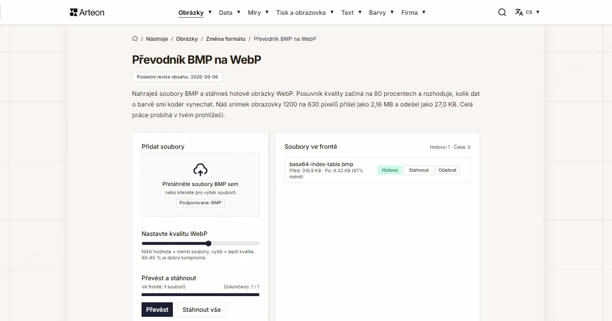 Snímek obrazovky bezplatného nástroje Arteon: Převodník BMP na WebP