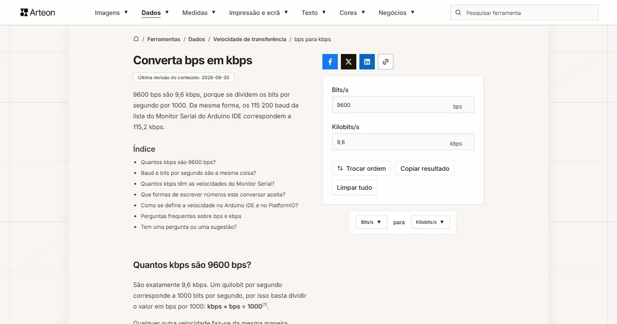 Captura de ecrã da ferramenta gratuita da Arteon: Converta bps em kbps