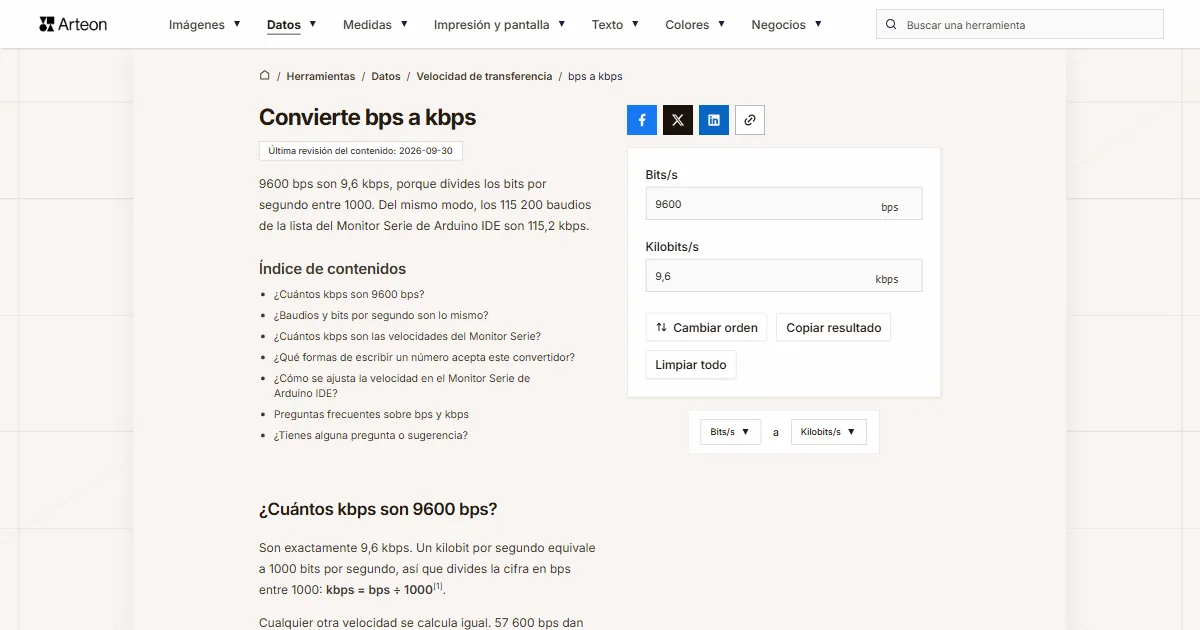 Captura de pantalla de la herramienta gratuita de Arteon: Convierte bps a kbps