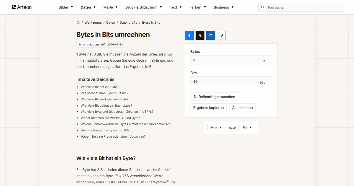 Screenshot des kostenlosen Arteon-Werkzeugs: Bytes in Bits umrechnen
