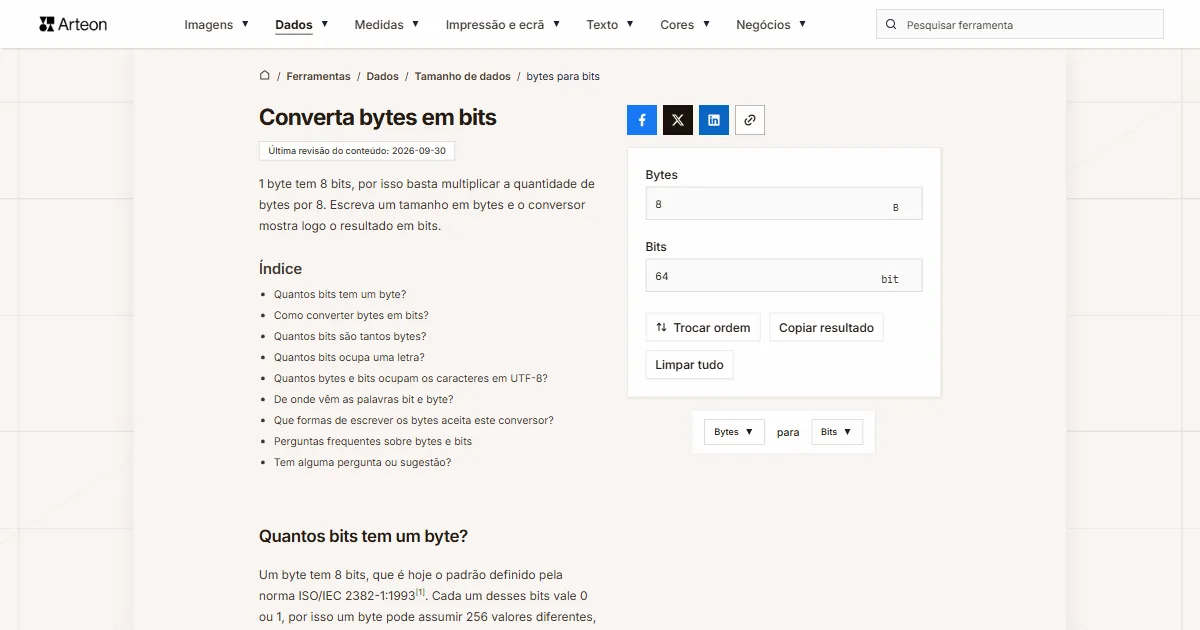 Captura de ecrã da ferramenta gratuita da Arteon: Converta bytes em bits