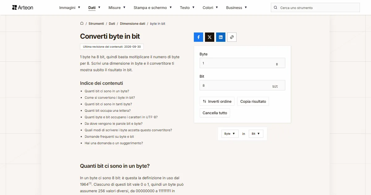 Screenshot dello strumento gratuito Arteon: Converti byte in bit