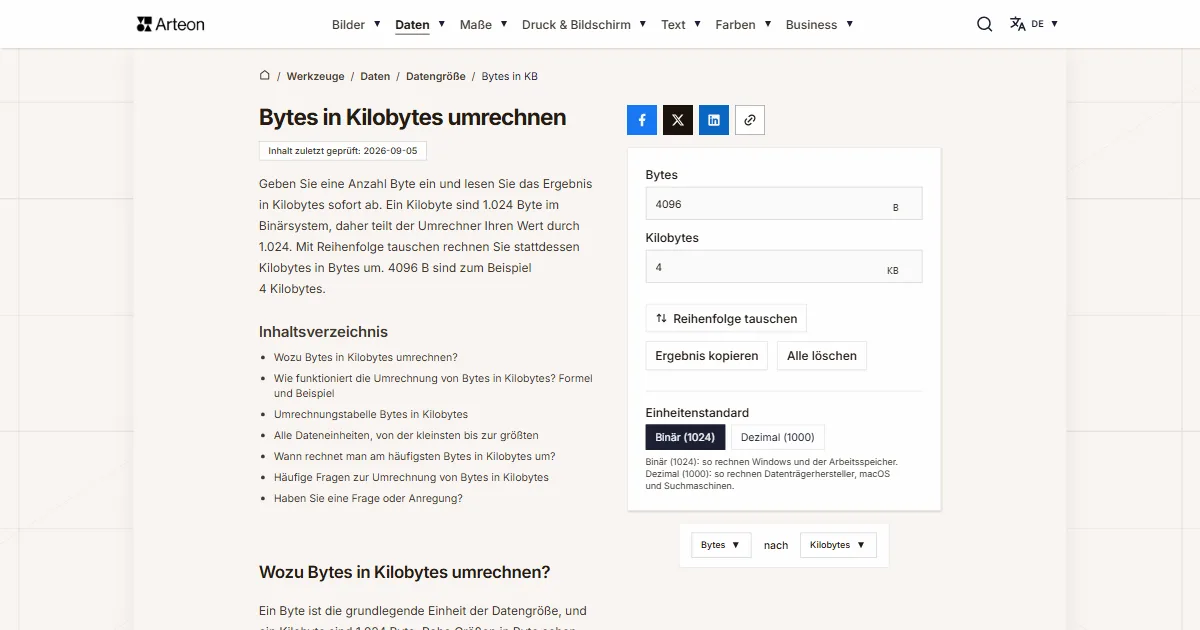 Screenshot des kostenlosen Arteon-Werkzeugs: Bytes in Kilobytes umrechnen