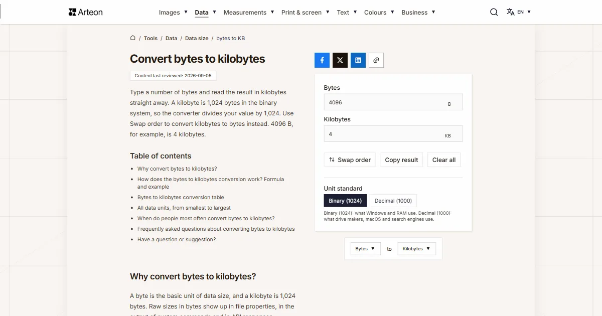 Arteon free tool screenshot: Convert bytes to kilobytes