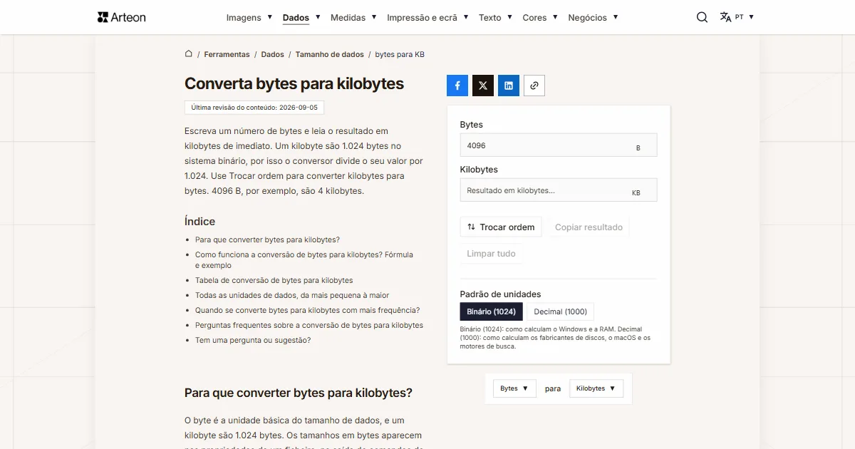 Captura de ecrã da ferramenta gratuita da Arteon: Converta bytes para kilobytes