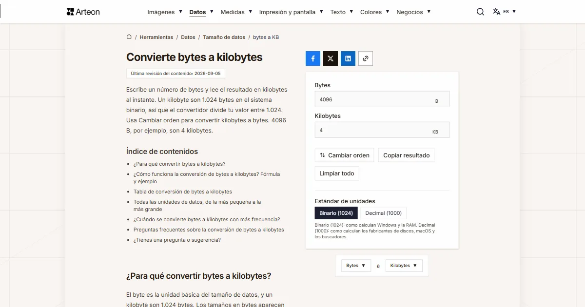 Captura de pantalla de la herramienta gratuita de Arteon: Convierte bytes a kilobytes
