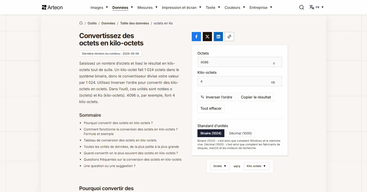 Capture d'écran de l'outil gratuit d'Arteon: Convertissez des octets en kilo-octets