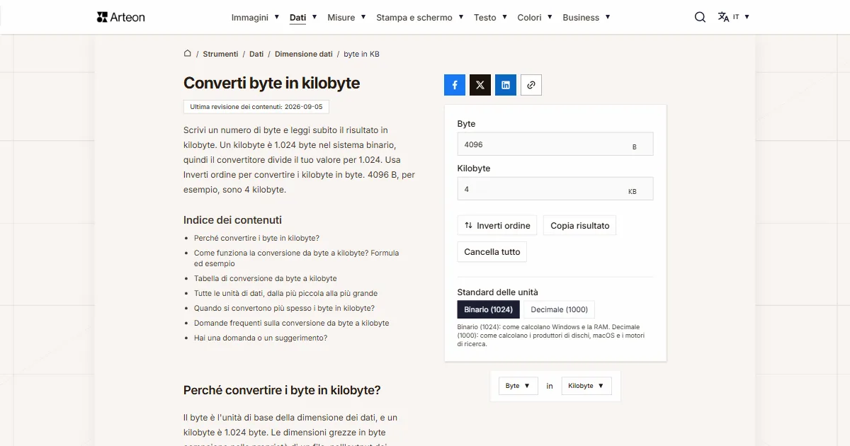 Screenshot dello strumento gratuito Arteon: Converti byte in kilobyte
