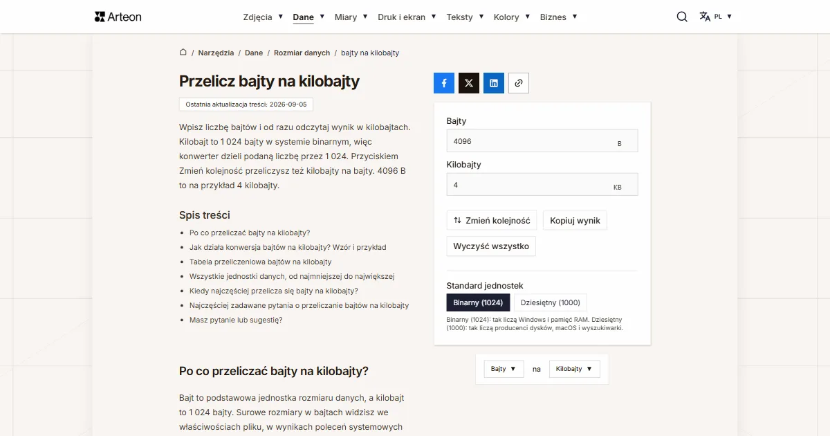 Zrzut ekranu darmowego narzędzia Arteon: Przelicz bajty na kilobajty