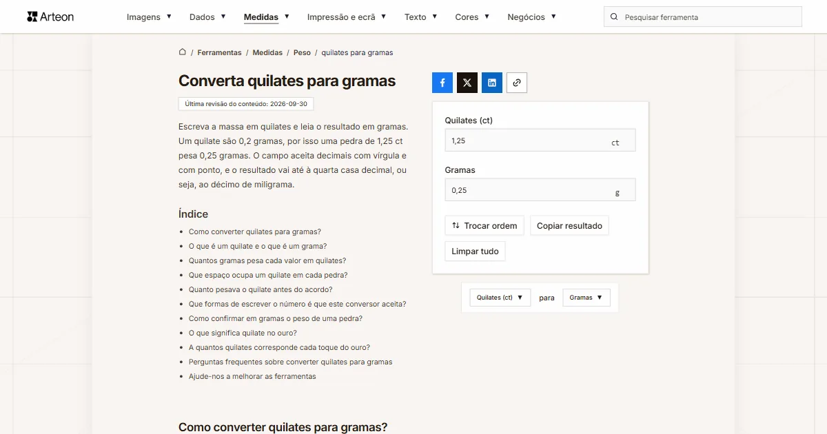 Captura de ecrã da ferramenta gratuita da Arteon: Converta quilates para gramas