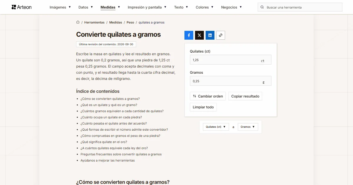 Captura de pantalla de la herramienta gratuita de Arteon: Convierte quilates a gramos