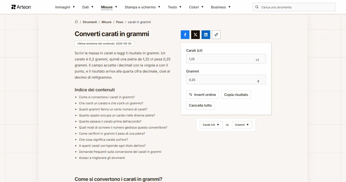 Screenshot dello strumento gratuito Arteon: Converti carati in grammi