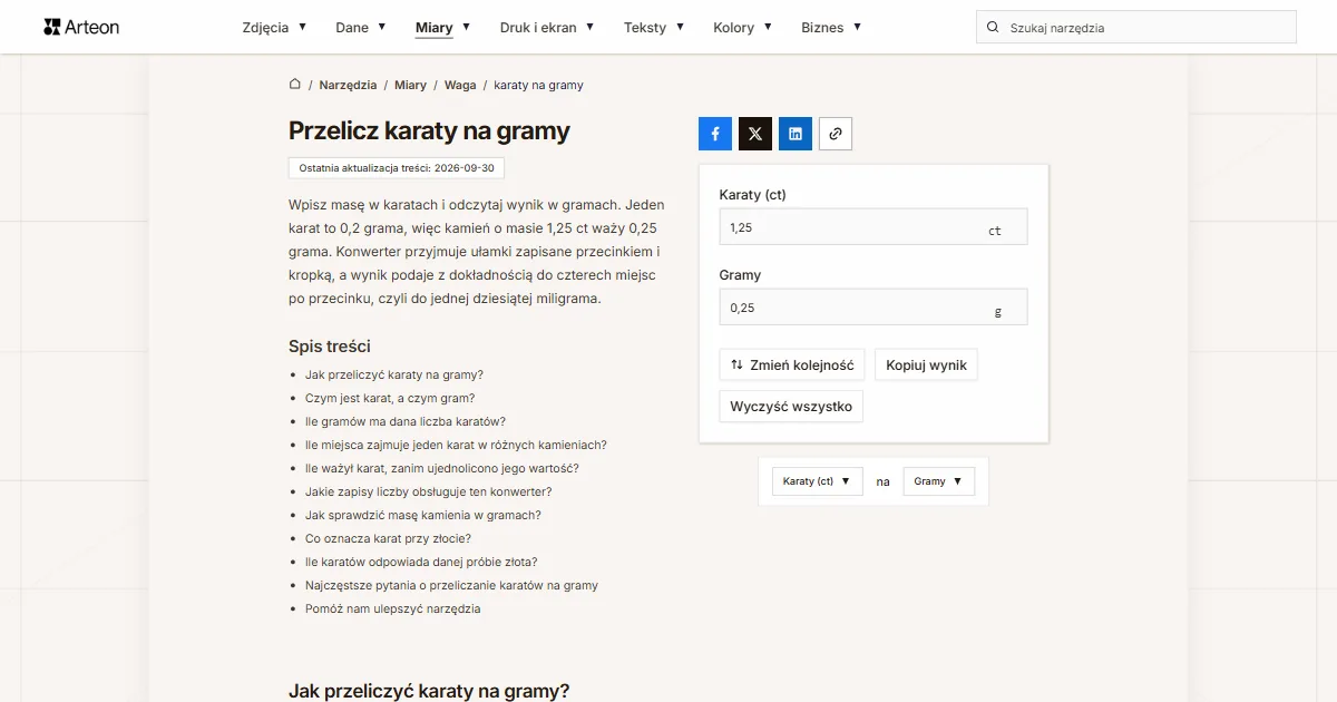 Zrzut ekranu darmowego narzędzia Arteon: Przelicz karaty na gramy