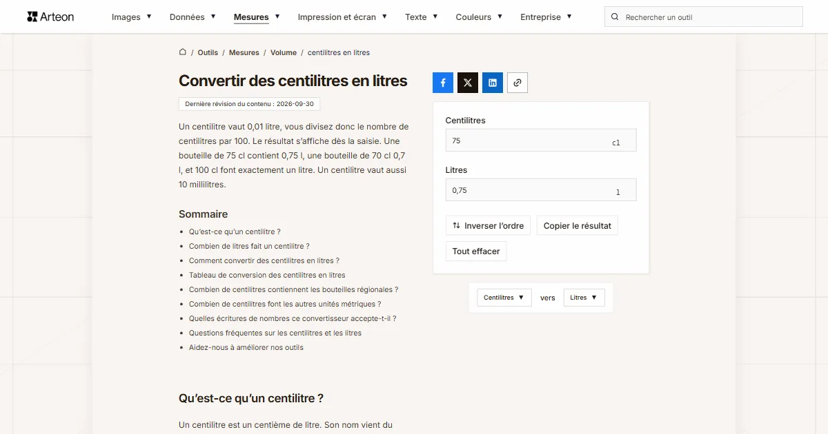 Capture d'écran de l'outil gratuit d'Arteon: Convertir des centilitres en litres