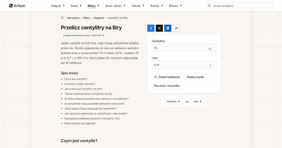 Zrzut ekranu darmowego narzędzia Arteon: Przelicz centylitry na litry