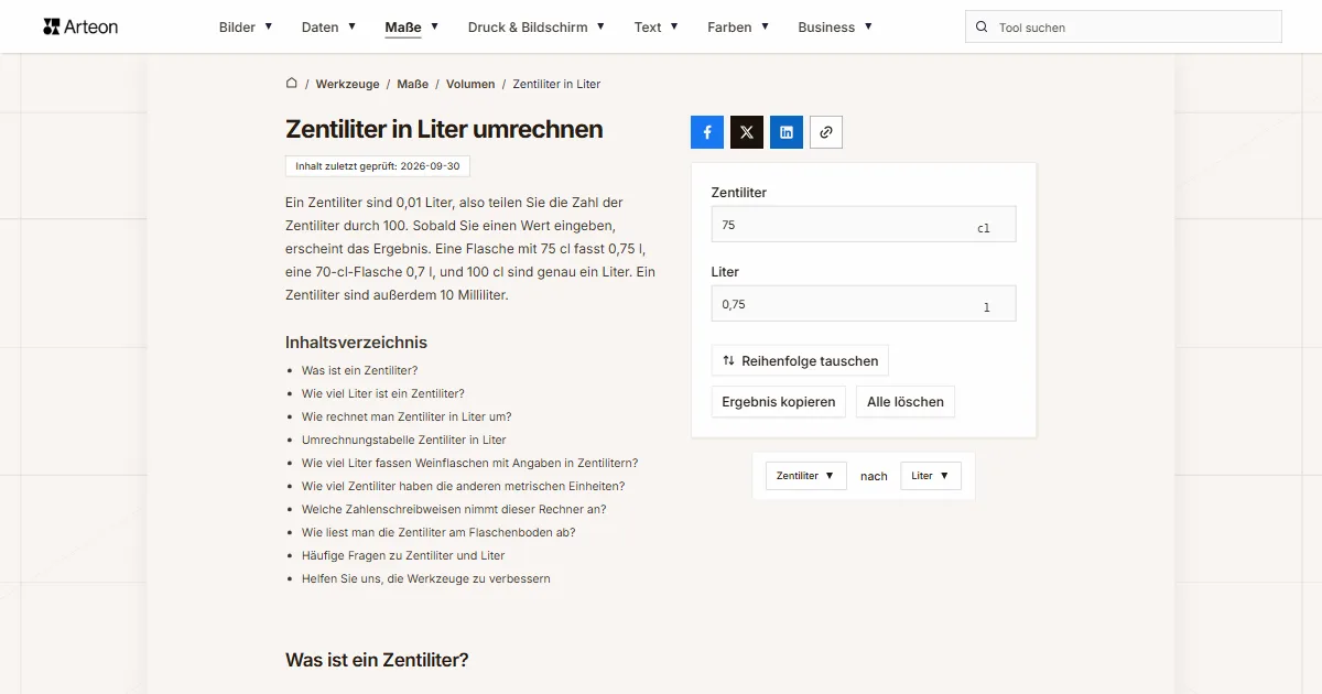 Screenshot des kostenlosen Arteon-Werkzeugs: Zentiliter in Liter umrechnen