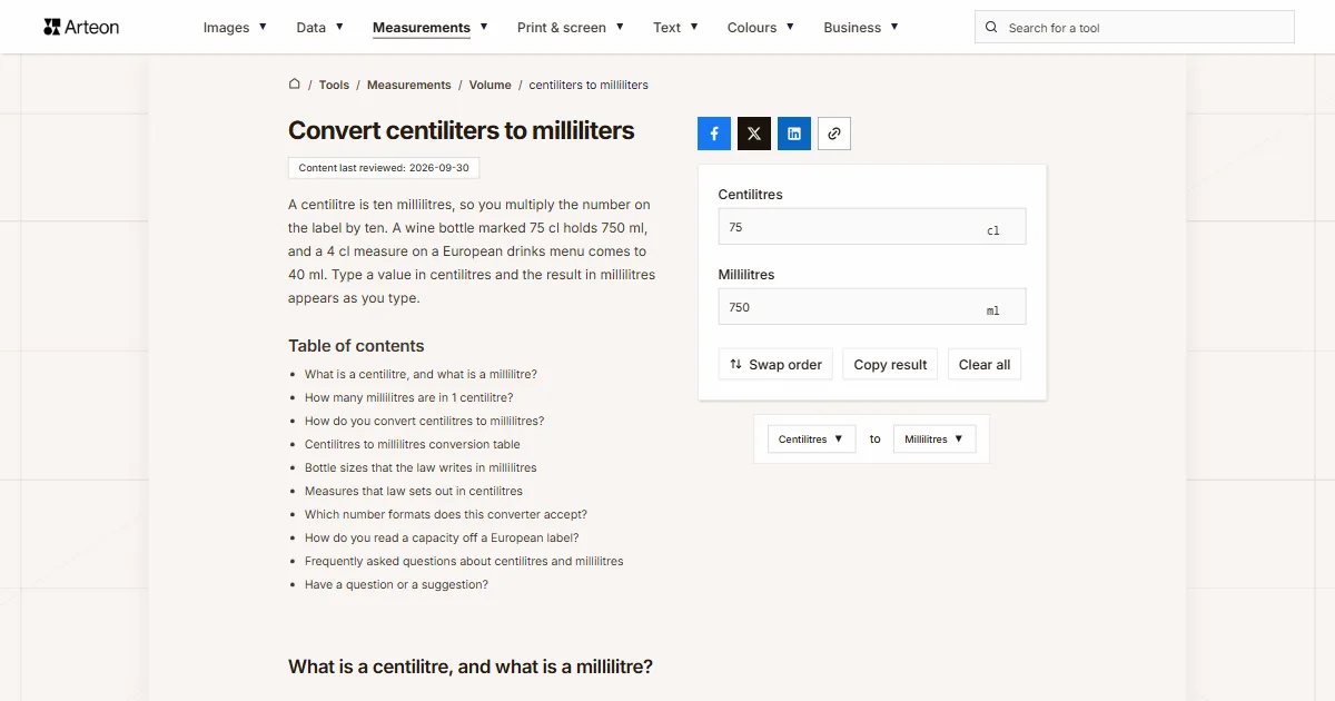 Arteon free tool screenshot: Convert centiliters to milliliters