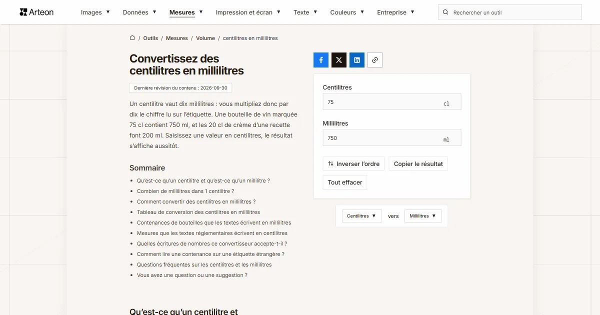 Capture d'écran de l'outil gratuit d'Arteon: Convertissez des centilitres en millilitres