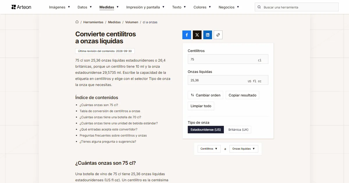 Captura de pantalla de la herramienta gratuita de Arteon: Convierte centilitros a onzas líquidas