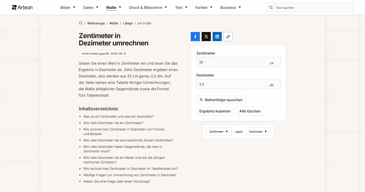 Screenshot des kostenlosen Arteon-Werkzeugs: Zentimeter in Dezimeter umrechnen
