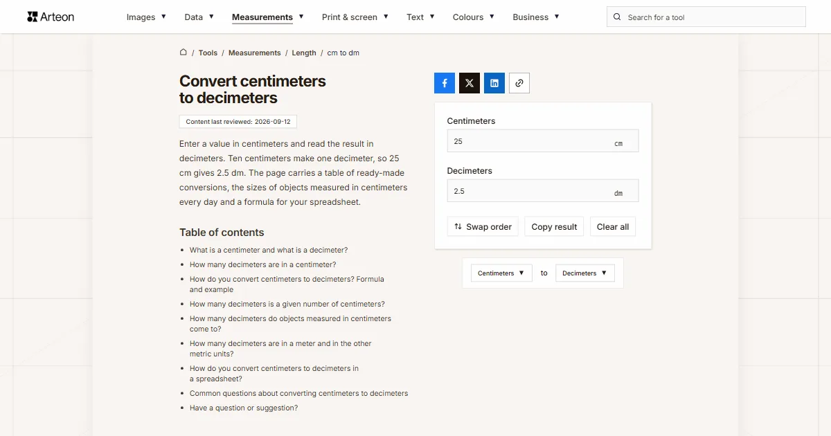 Arteon free tool screenshot: Convert centimeters to decimeters